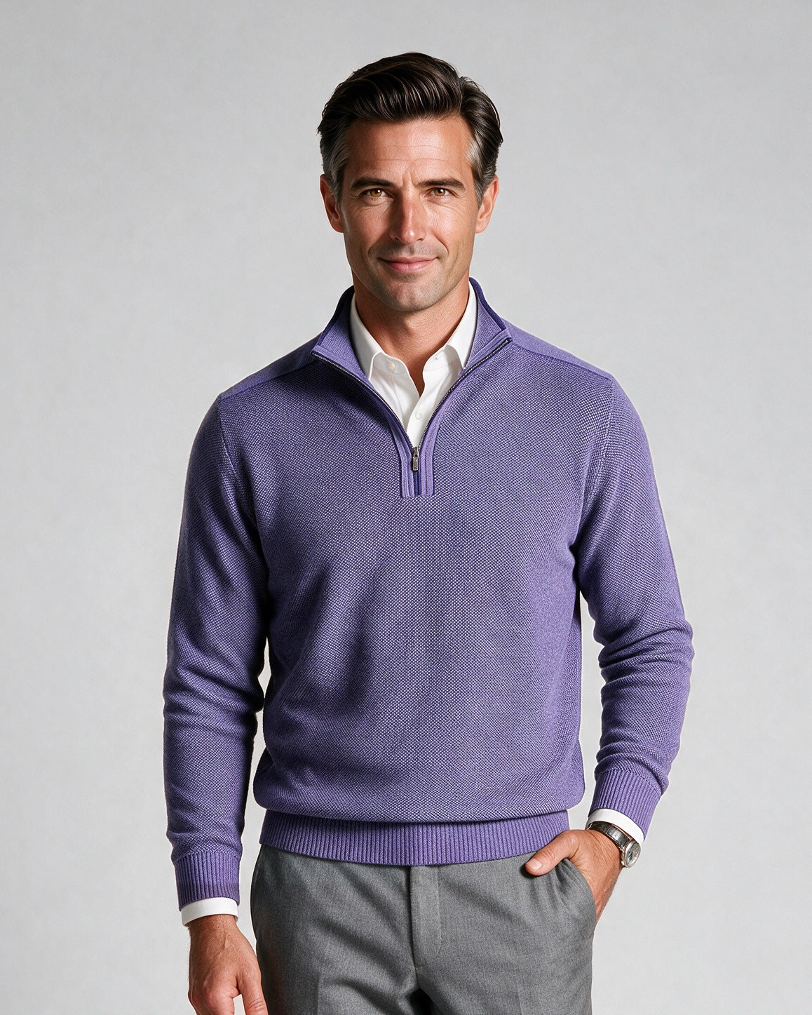 St. Croix - Zip Mock Crystal Stitch - Mens Sweater - Mondo Uomo - Dahlia/Mercury - 4942 - Shown on Model, Close-Up