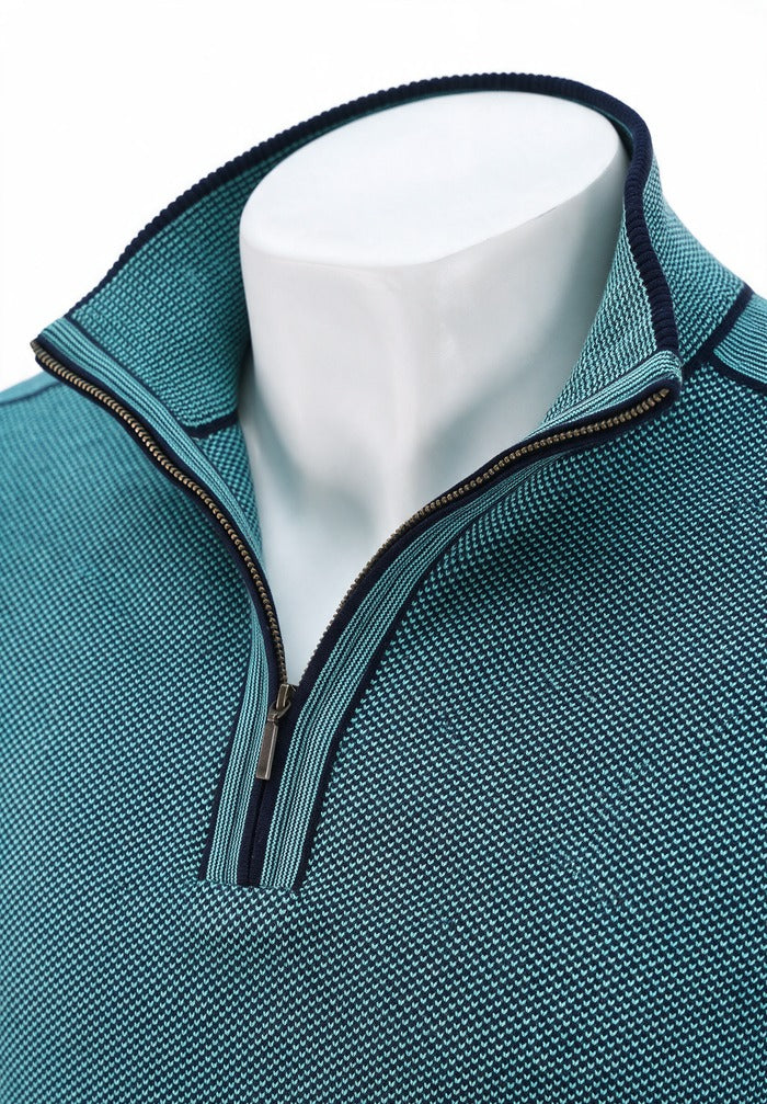 St. Croix - Zip Mock Crystal Stitch - Mens Sweater - Mondo Uomo - Deep Navy/Turquoise - 4942 - Collar View
