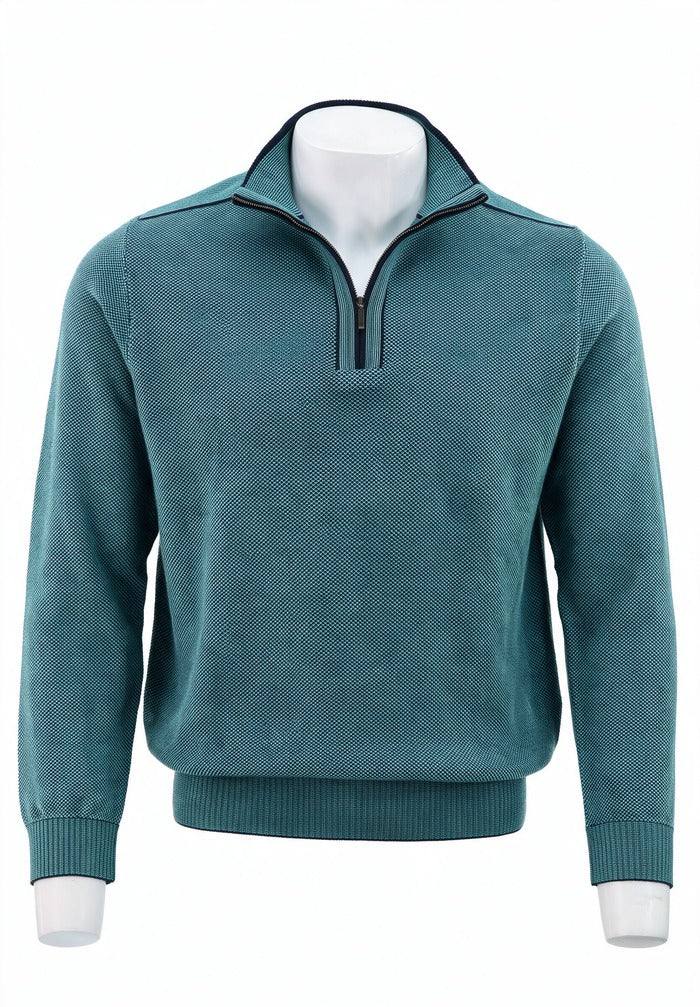 St. Croix - Zip Mock Crystal Stitch - Mens Sweater - Mondo Uomo - Deep Navy/Turquoise - 4942 - Front View