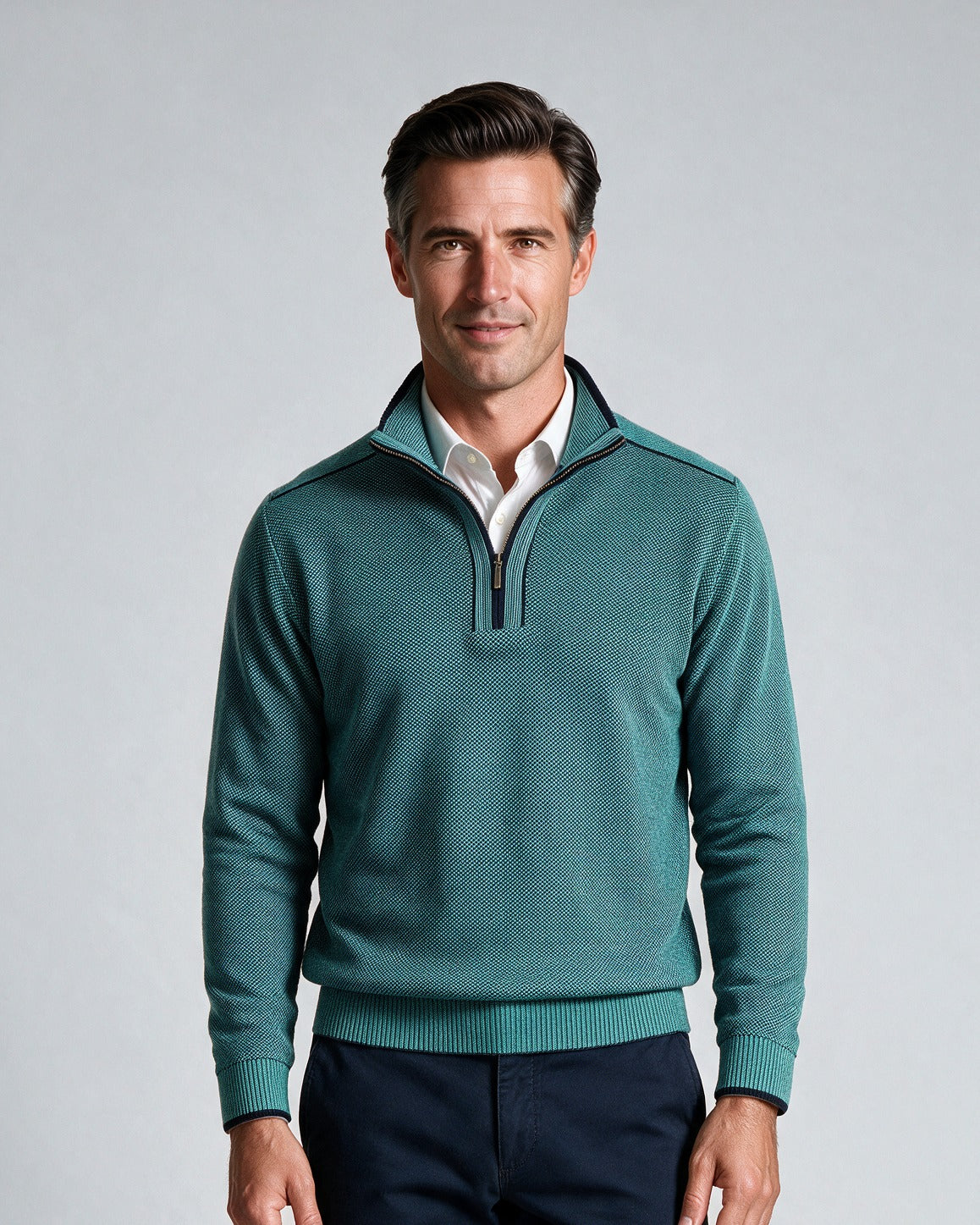 St. Croix - Zip Mock Crystal Stitch - Mens Sweater - Mondo Uomo - Deep Navy/Turquoise - 4942 - Shown on Model, Close-Up