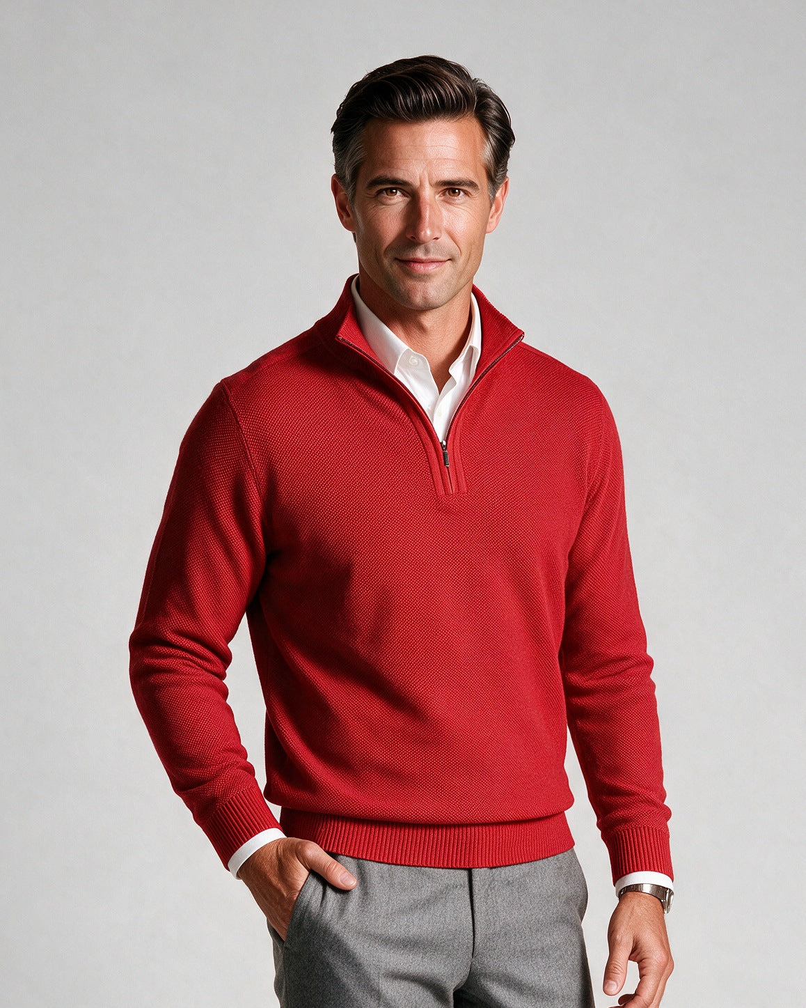 St. Croix - Zip Mock Crystal Stitch - Mens Sweater - Mondo Uomo - Red/Apple Red - 4942 - Shown on Model, Close-Up