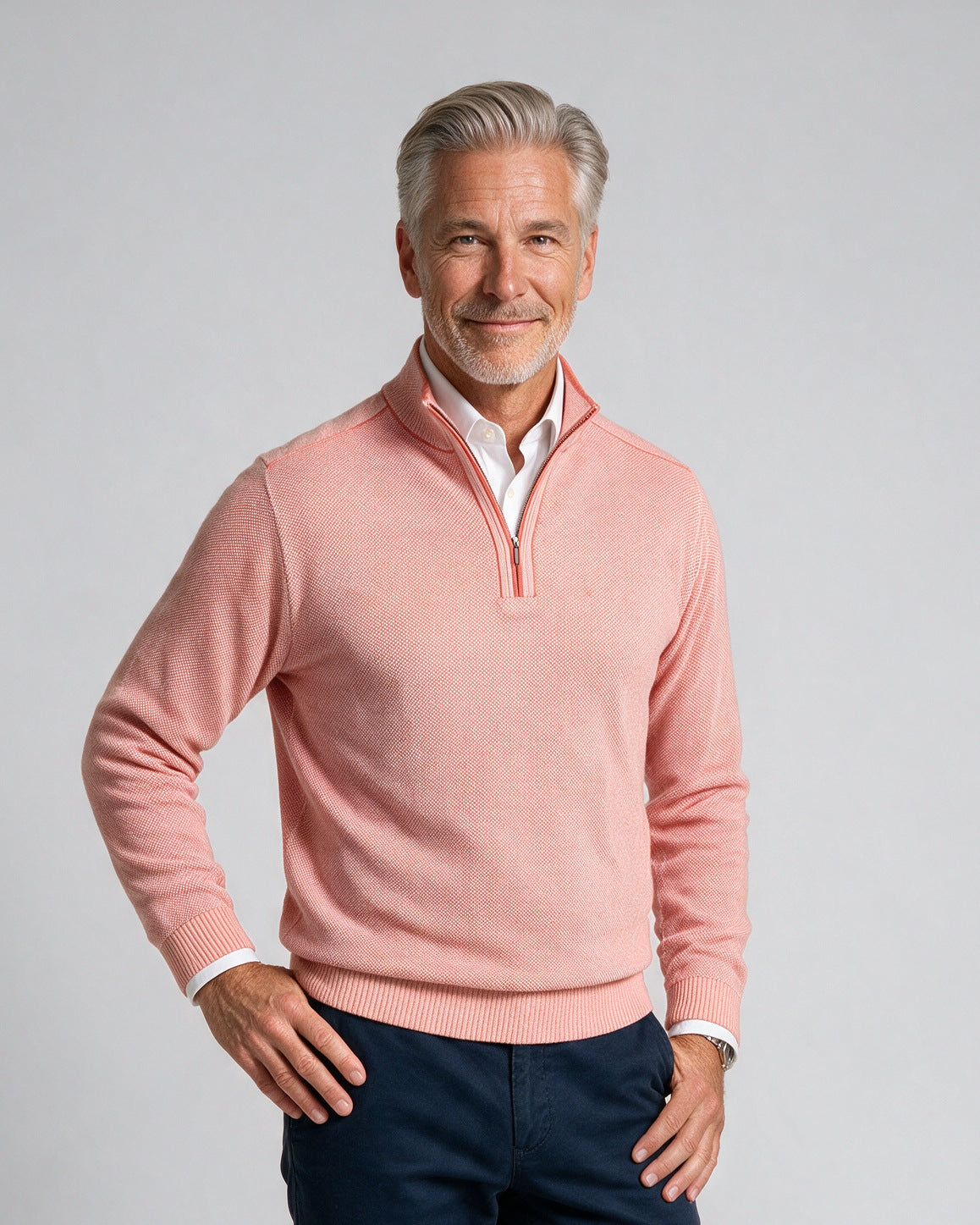 St. Croix - Zip Mock Crystal Stitch - Mens Sweater - Mondo Uomo - Watermelon/White - 4942 - Shown on Model, Close-Up