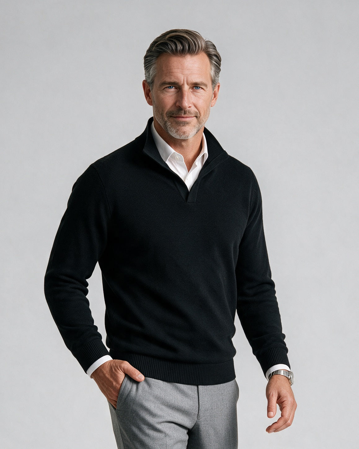St. Croix - Open Mock Crystal Stitch Sweater - Mens Sweater - Mondo Uomo - Black/Black - 4943 - Shown on Model, Close-Up