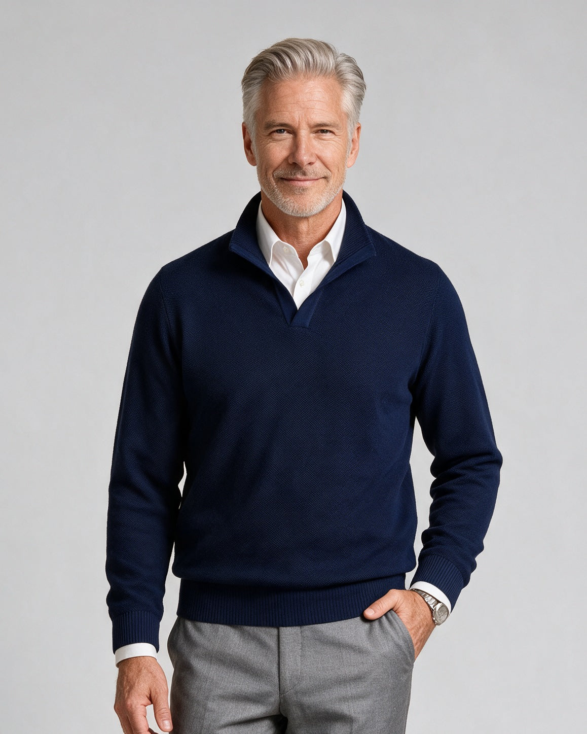 St. Croix - Open Mock Crystal Stitch Sweater - Mens Sweater - Mondo Uomo - Light Navy - 4943 - Shown on Model, Close-Up