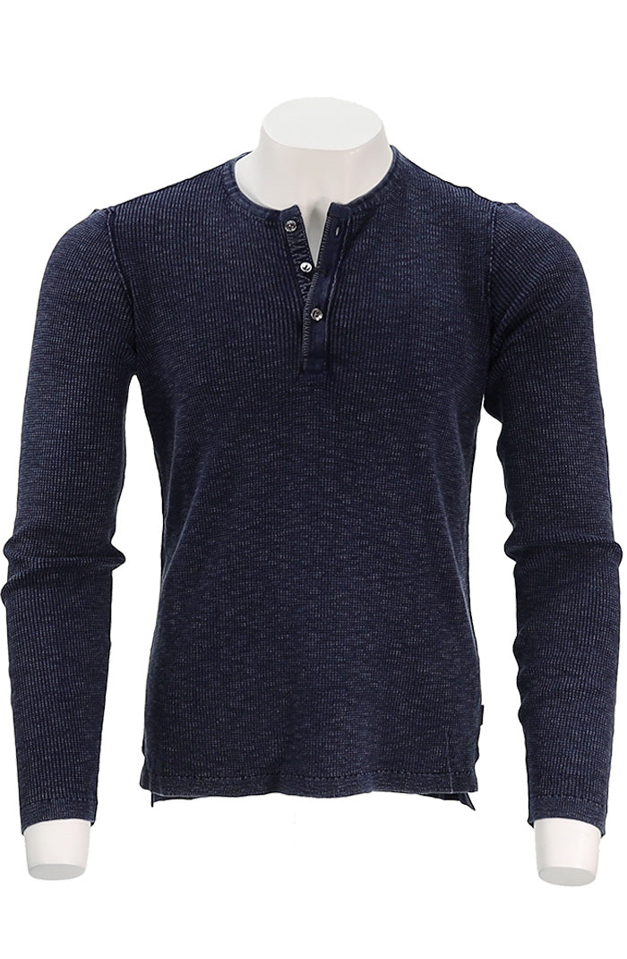 John Varvatos Memphis Men’s Waffle Henley in Navy Cotton Fadeaway Wash -Mondo Uomo