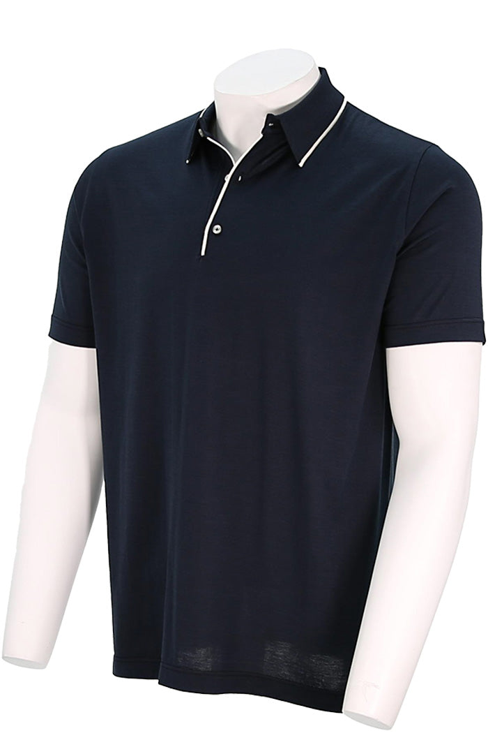 St. Croix Men's Short Sleeve Silk Cotton Polo w/ Placket Tipping In Deep Navy Angled View- Mondo Uomo