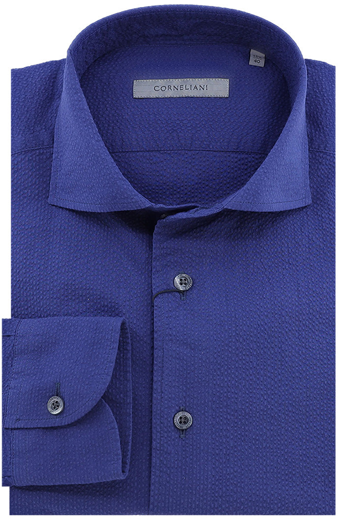 Corneliani Men's Seersucker Long Sleeve Cotton Shirt In Navy - Mondo Uomo