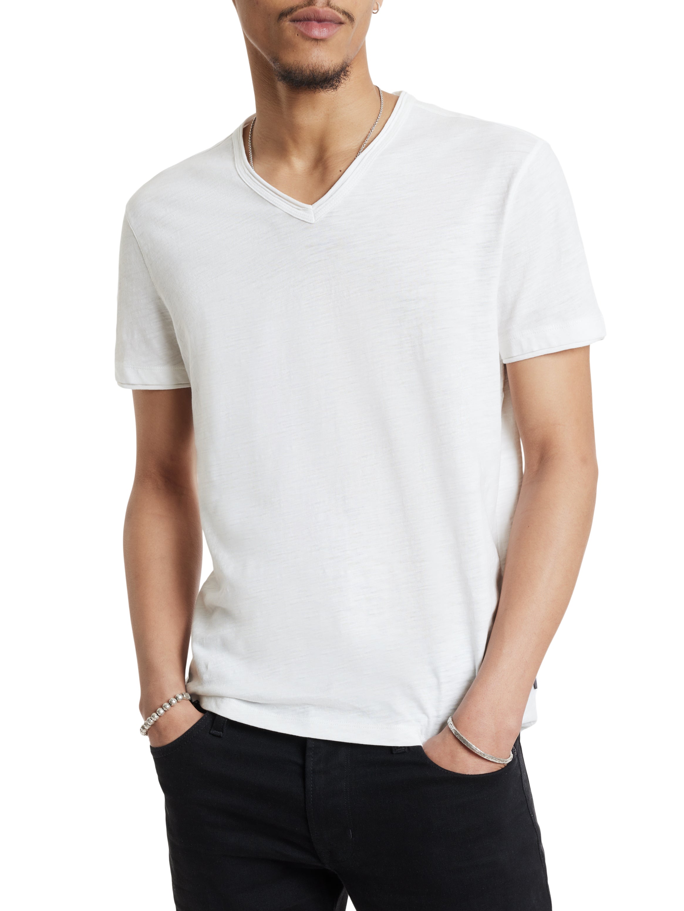 John Varvatos Miles Men’s Slub V-Neck T-Shirt in Salt White Cotton with Raw Edge On Model
