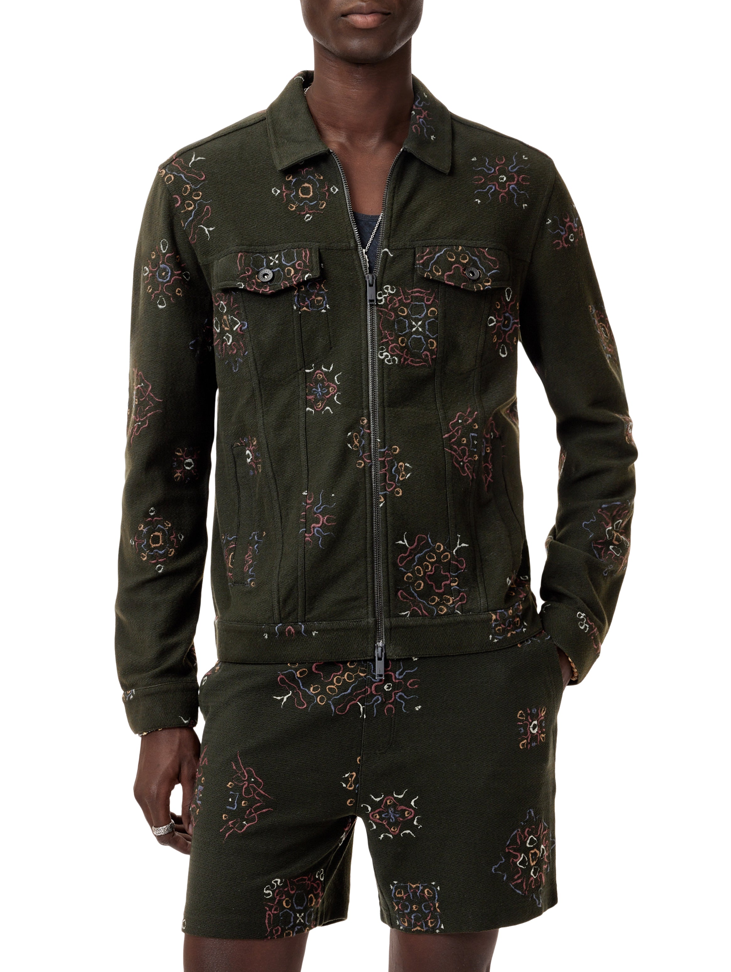 John Varvatos Anthony Men’s Trucker Jacket in Deep Moss Green On Model– Mondo Uomo