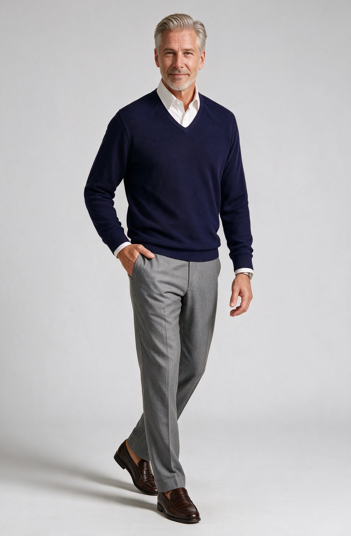 St. Croix - Cotton Blend Crystal Stitch Mock V Neck - Mens Sweater - Mondo Uomo - Light Navy - 5518 - Shown on Model