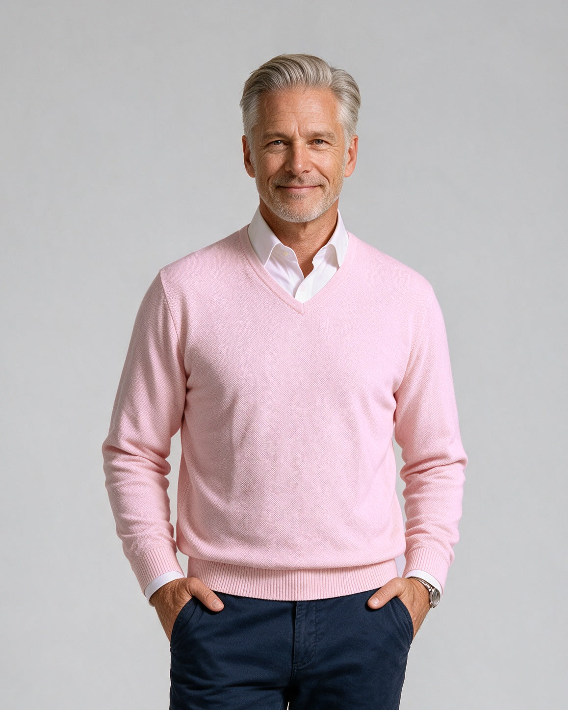 St. Croix - Cotton Blend Crystal Stitch Mock V Neck - Mens Sweater - Mondo Uomo - Pink - 5518 - Shown on Model, Close-Up