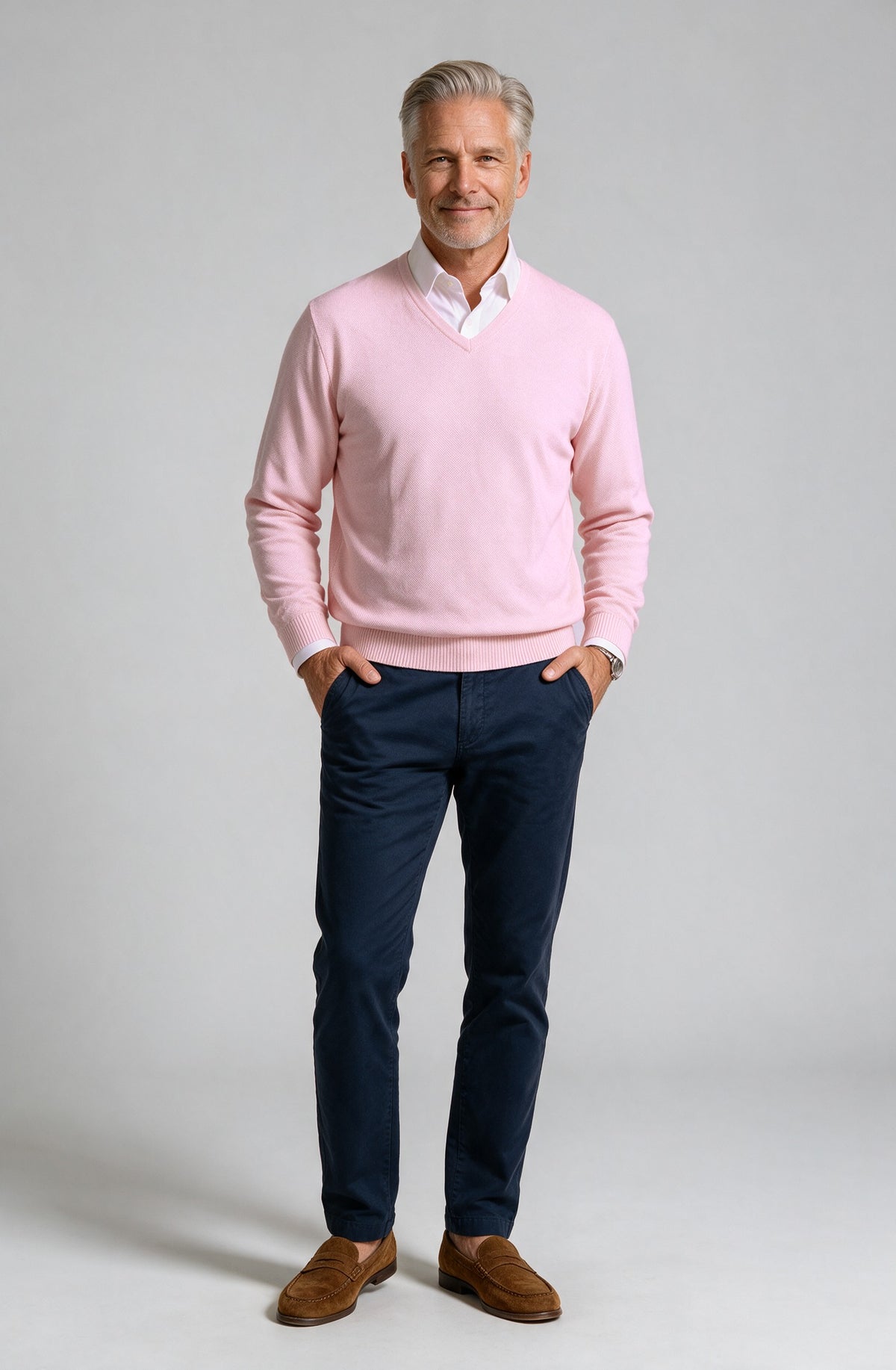 St. Croix - Cotton Blend Crystal Stitch Mock V Neck - Mens Sweater - Mondo Uomo - Pink - 5518 - Shown on Model