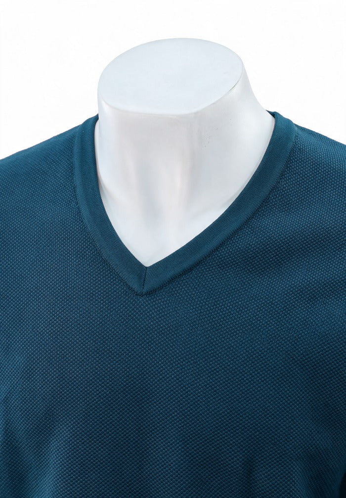 St. Croix - Cotton Blend Crystal Stitch Mock V Neck - Mens Sweater - Mondo Uomo - Sapphire - 5518 - Collar View