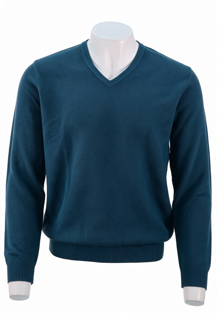 St. Croix - Cotton Blend Crystal Stitch Mock V Neck - Mens Sweater - Mondo Uomo - Sapphire - 5518 - Front View