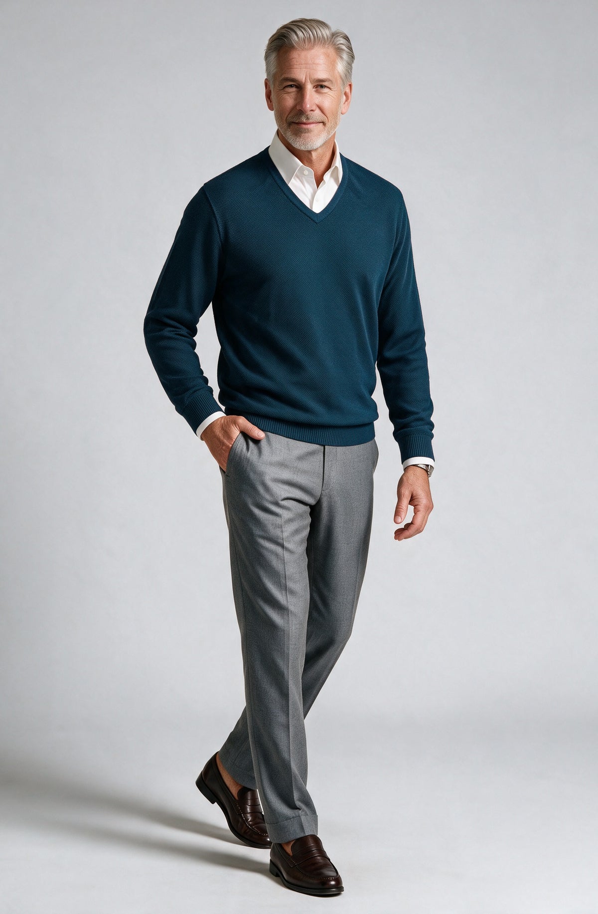 St. Croix - Cotton Blend Crystal Stitch Mock V Neck - Mens Sweater - Mondo Uomo - Sapphire - 5518 - Shown on Model