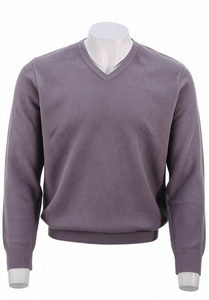 St. Croix - Cotton Blend Crystal Stitch Mock V Neck - Mens Sweater - Mondo Uomo - Shade Purple - 5518 - Front View