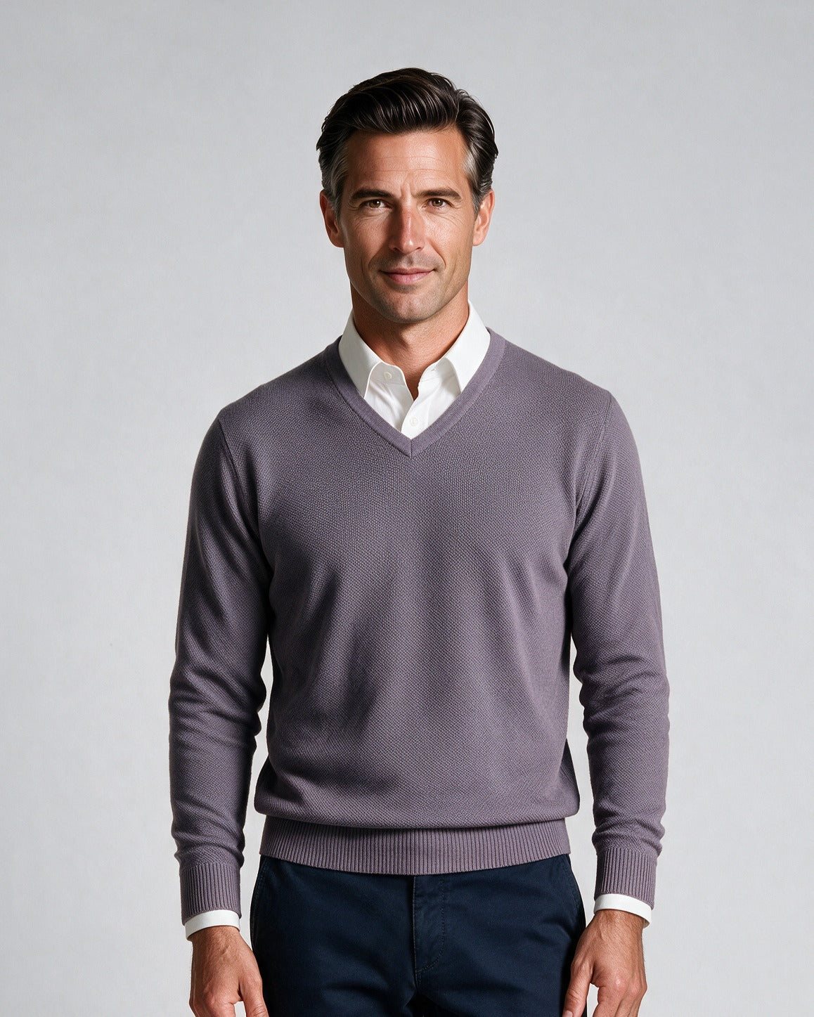 St. Croix - Cotton Blend Crystal Stitch Mock V Neck - Mens Sweater - Mondo Uomo - Shade Purple - 5518 - Shown on Model, Close-Up