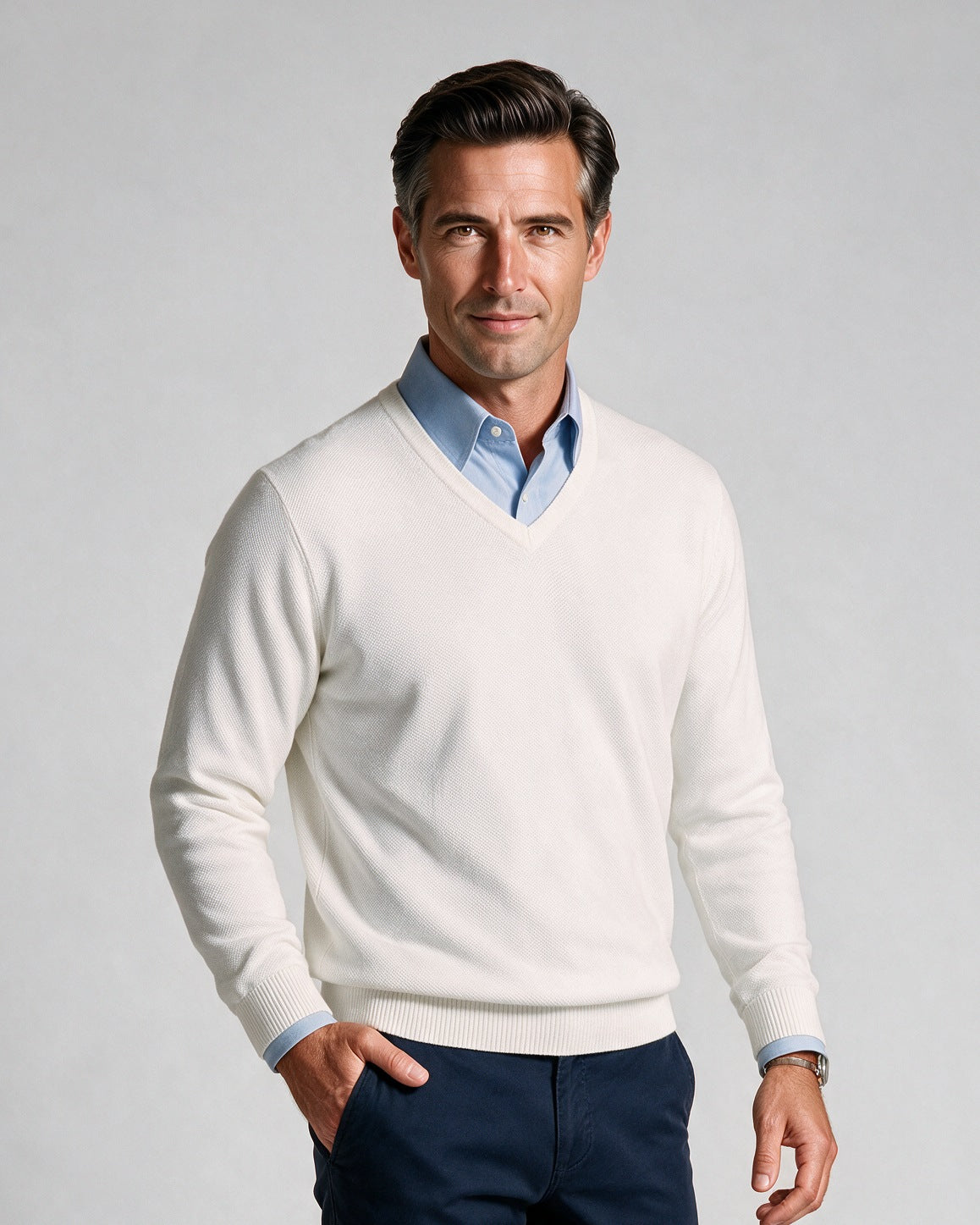St. Croix - Cotton Blend Crystal Stitch Mock V Neck - Mens Sweater - Mondo Uomo - White - 5518 - Shown on Model, Close-Up