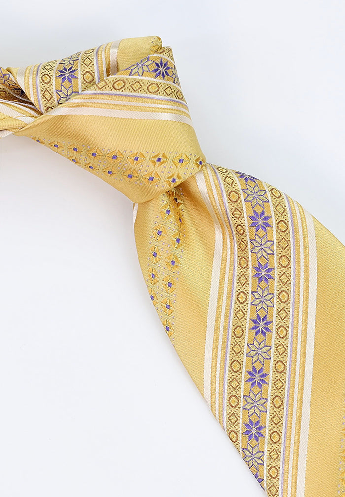 Italo Ferretti Handmade Silk Tie in Rich Yellow-Gold with Intricate Lavender Motifs and White Stripe Accents, Luxury Italian Accessory