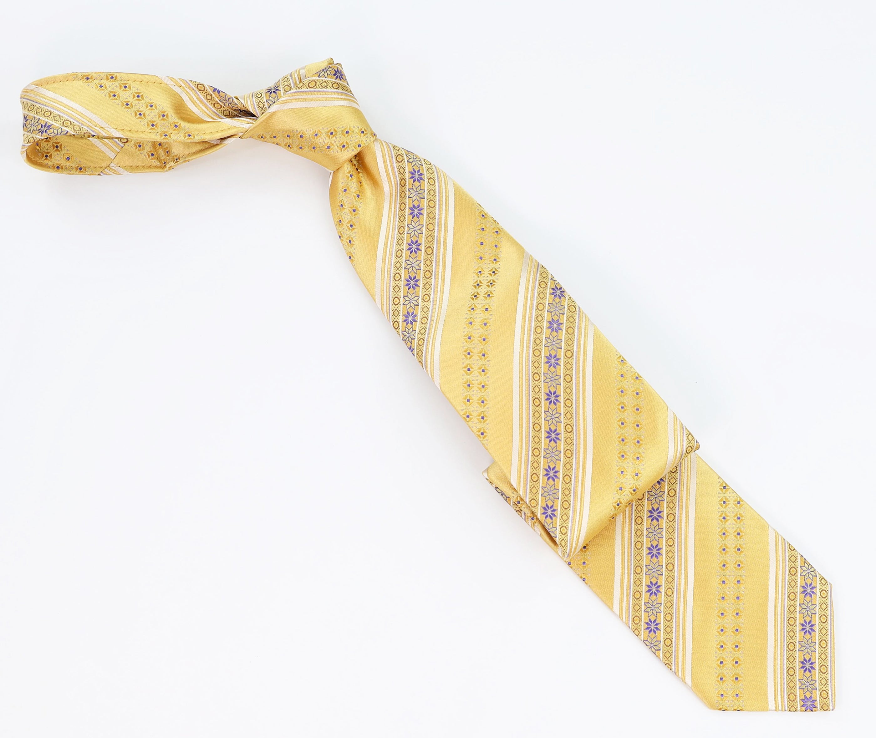 Italo Ferretti Men’s Silk Necktie in Golden Yellow with White Stripes and Lavender Motif Details – Mondo Uomo