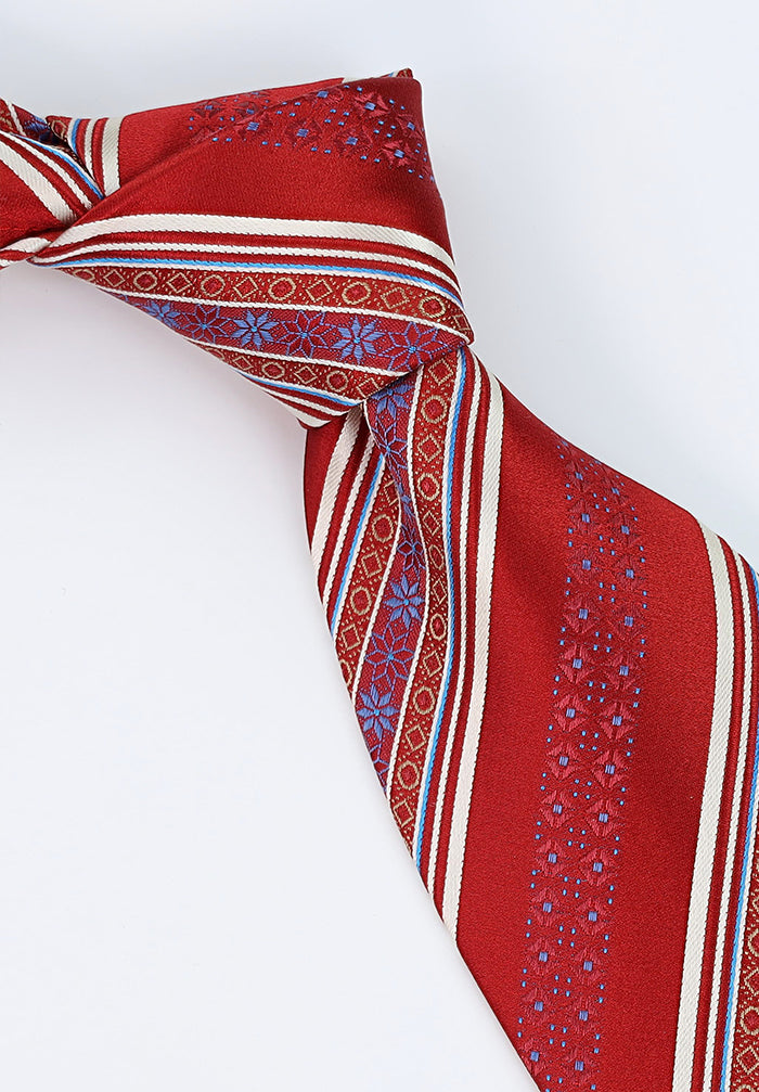 Italo Ferretti Handmade Silk Tie in Bold Red with Intricate Blue Motifs and White Stripe Pattern, Luxury Italian Accessory