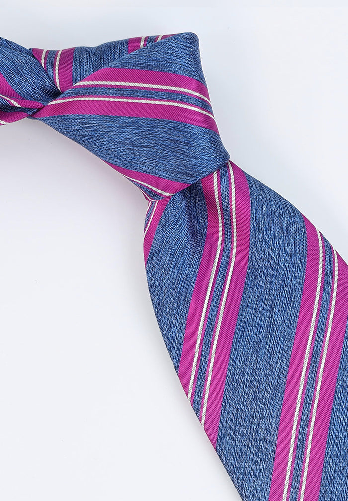 Italo Ferretti Handmade Silk Tie in Blue with Contrasting Magenta and Silver Stripe Pattern, Luxury Italian Accessory