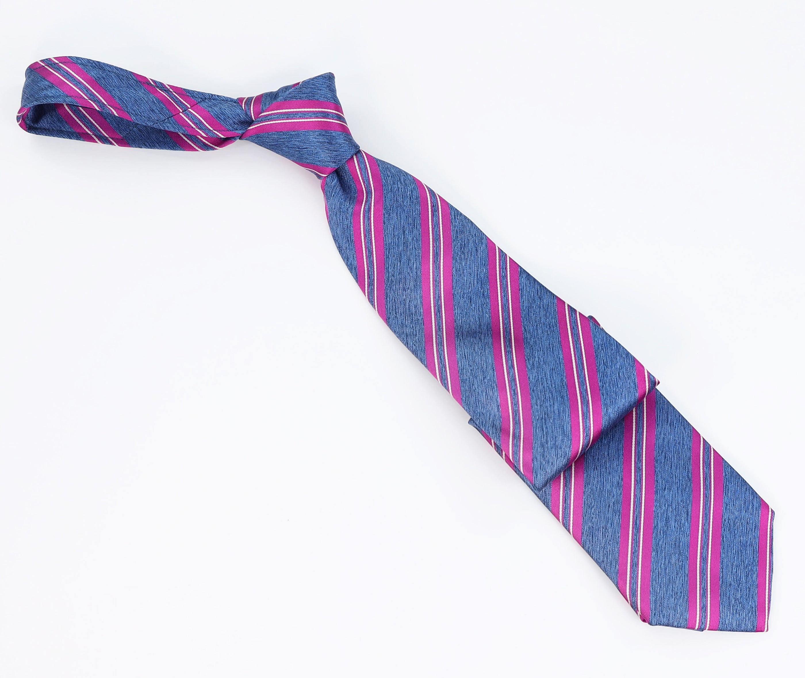 Italo Ferretti Men’s Silk Necktie in Blue with Magenta and Silver Stripes – Mondo Uomo