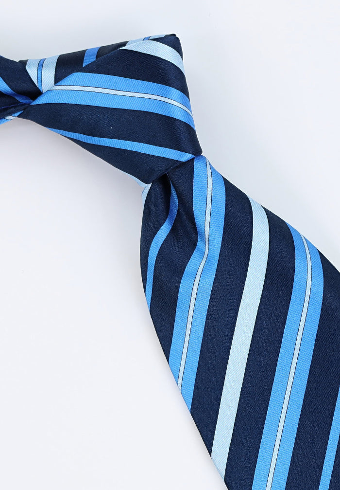 Italo Ferretti Handmade Silk Tie in Deep Navy with Sky Blue and Medium Blue Stripe Pattern, Luxury Italian Accessory