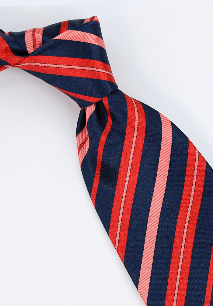 Italo Ferretti Handmade Silk Tie in Deep Navy with Contrasting Red and Pink Stripe Pattern, Luxury Italian Accessory