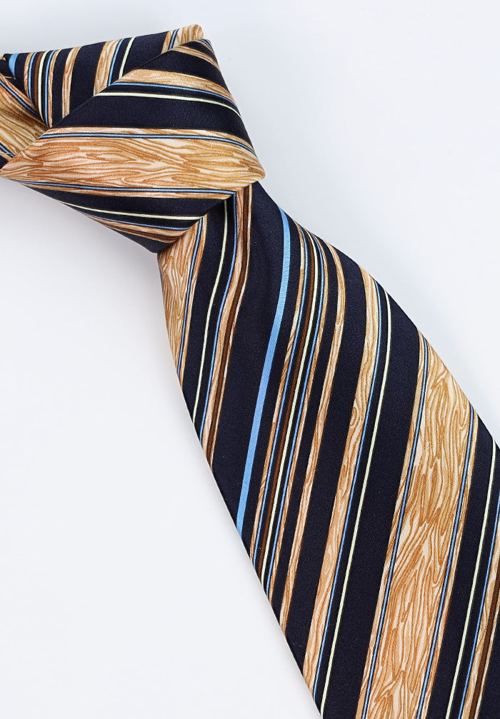 Italo Ferretti Handmade Silk Tie in Deep Navy with Textured Gold and Thin Blue Stripe Pattern, Luxury Italian Accessory