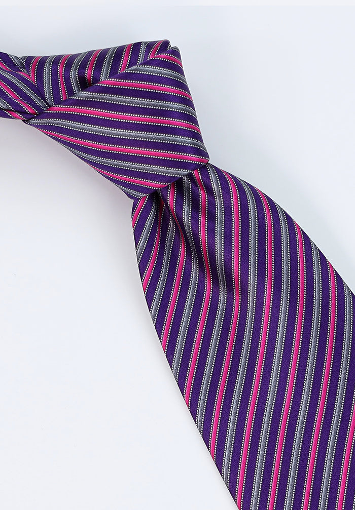 Italo Ferretti Handmade Silk Tie in Deep Purple with Contrasting Magenta and Silver Stripe Pattern, Luxury Italian Accessory