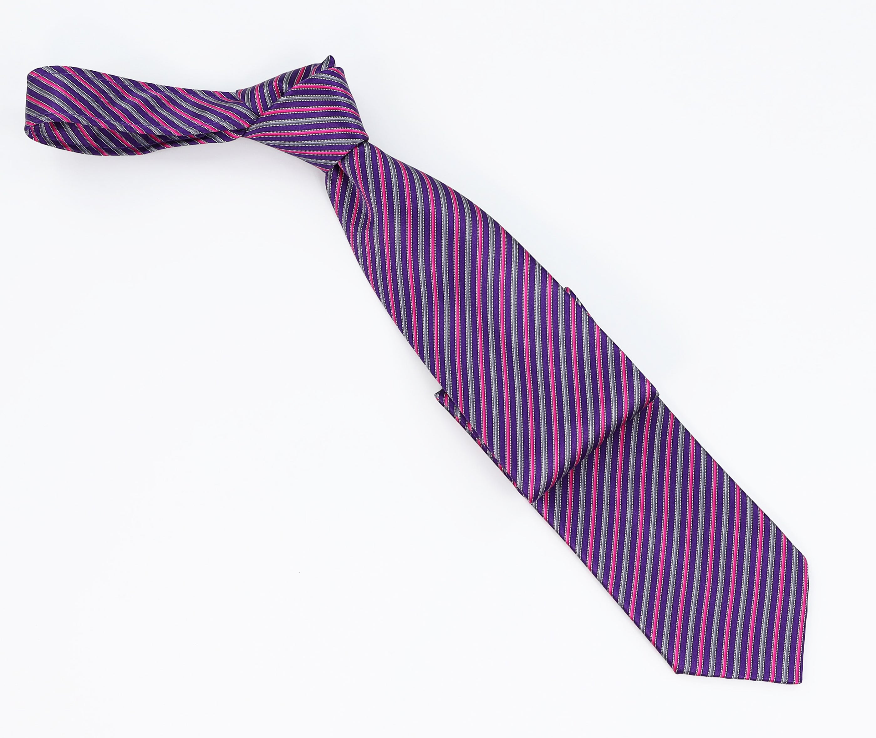 Italo Ferretti Men’s Silk Necktie in Purple with Magenta and Silver Thin Stripes – Mondo Uomo
