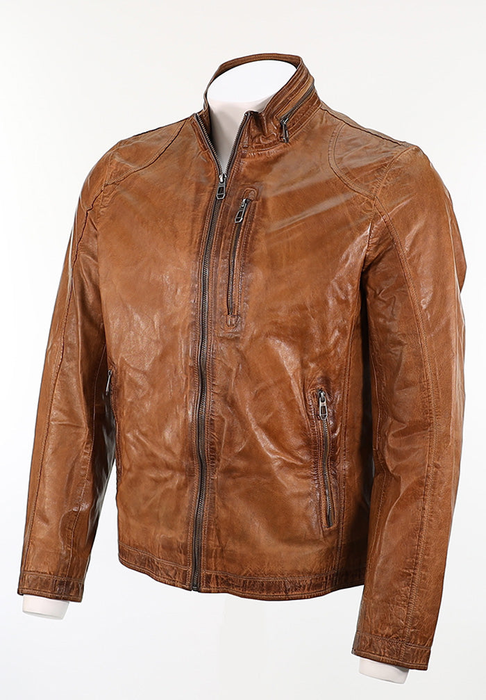 Milestone Edward Men’s Brown Leather Jacket with Side Zip Pockets and Slim Fit
