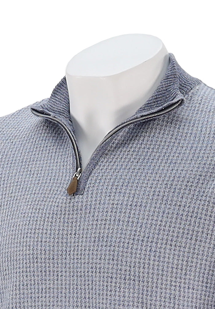Stenstroms Merino Wool Men’s Half Zip Sweater in Light Blue with Ribbed Edges Close Up