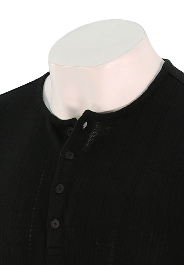 John Varvatos Men’s Short Sleeve Variegated Rib Henley Shirt in Black Close Up