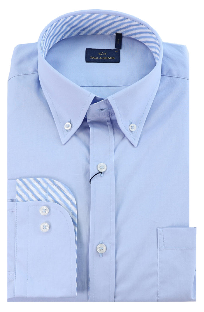 Paul & Shark Men’s Light Blue Long Sleeve Button Down Shirt with Pinstripes and Contrast Collar Detail – Mondo Uomo