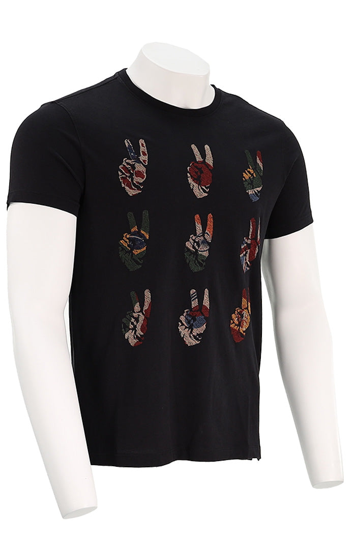 John Varvatos Multi Peace Hand Men’s Graphic Tee in Vintage Black Cotton with Embroidery Angled View Peace