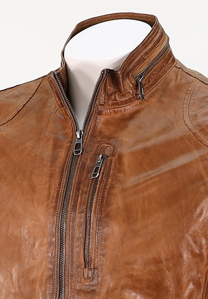 Milestone Edward Men’s Brown Leather Jacket Close-Up with Chest Zip and Collar