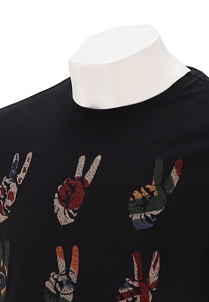 John Varvatos Multi Peace Hand Men’s Graphic Tee in Vintage Black Cotton with Embroidery Close Up