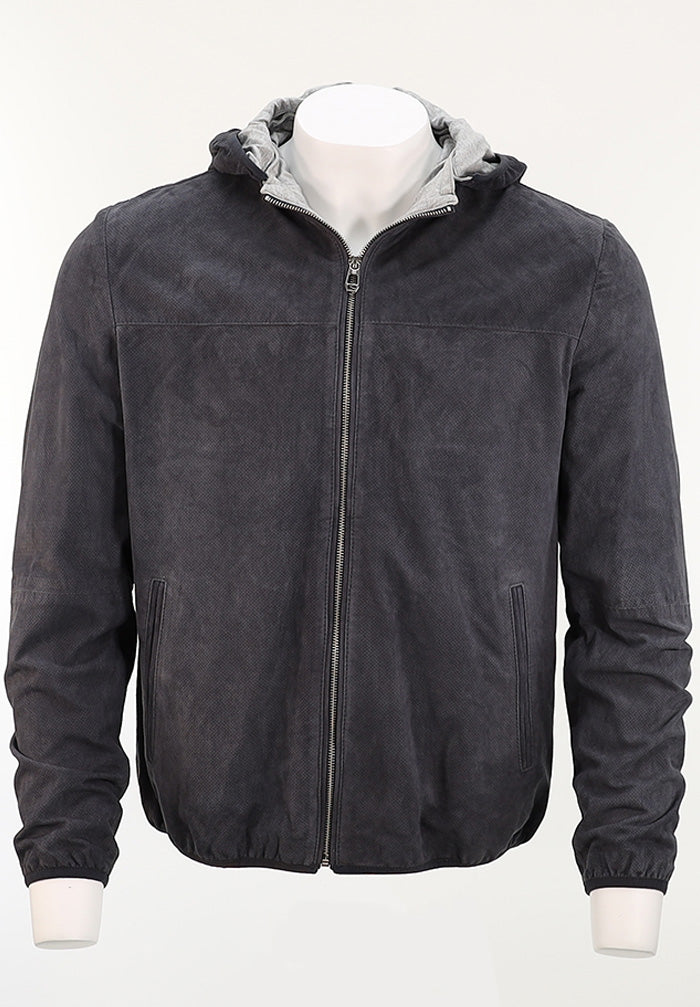 Milestone Cameron Men’s Grey Suede Jacket with Zipper and Removable Hood – Mondo Uomo