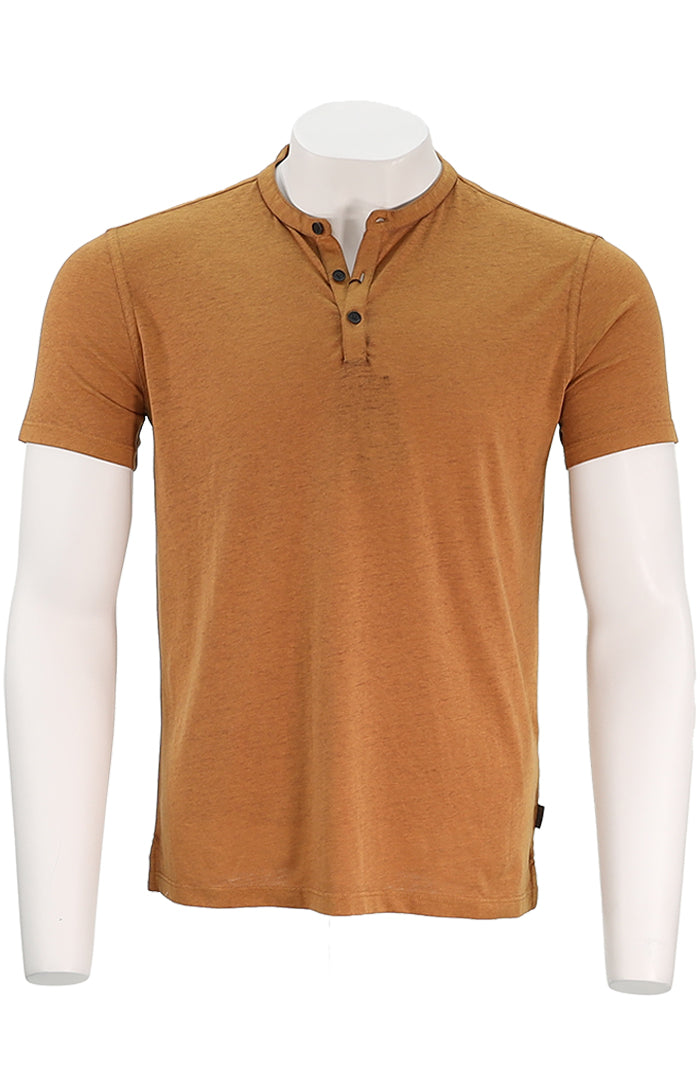 John Varvatos Duke Men’s Short Sleeve Henley in Pale Ochre Cotton Blend – Mondo Uomo