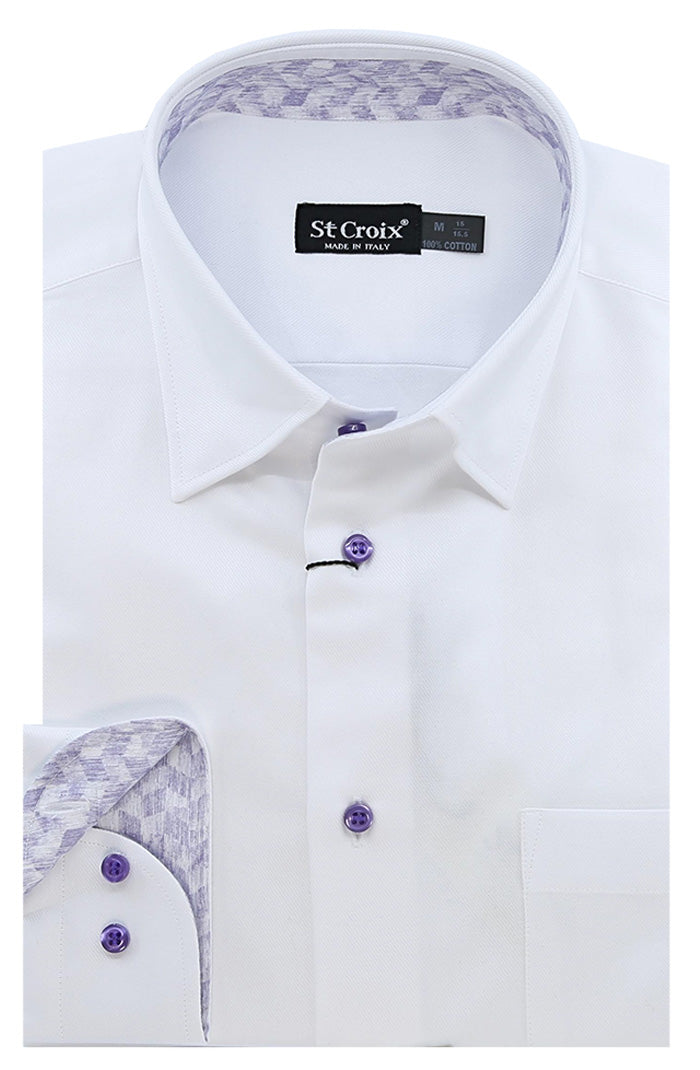 St. Croix L/S Twill Shirt For Men In White With Geometric Purple Pattern Inside - Mondo Uomo
