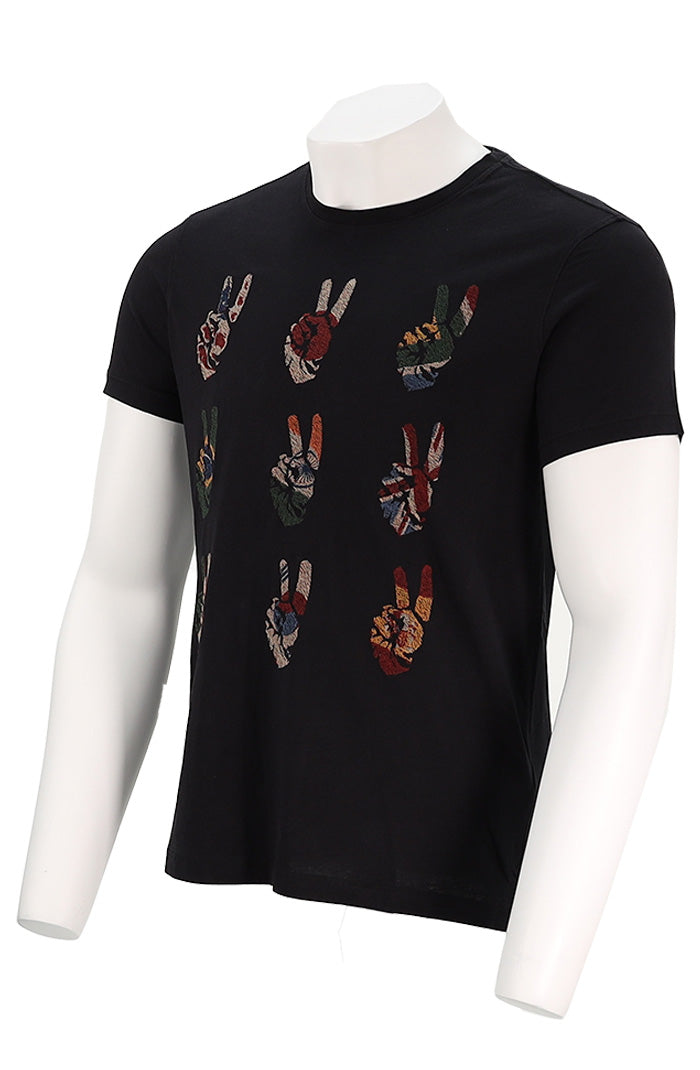 John Varvatos Multi Peace Hand Men’s Graphic Tee in Vintage Black Cotton with Embroidery Angled View - Mondo Uomo