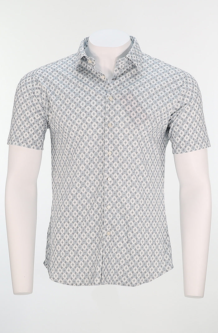 Desoto Men’s Short Sleeve Button Down Shirt in Blue Stone Pattern Cotton – Mondo Uomo