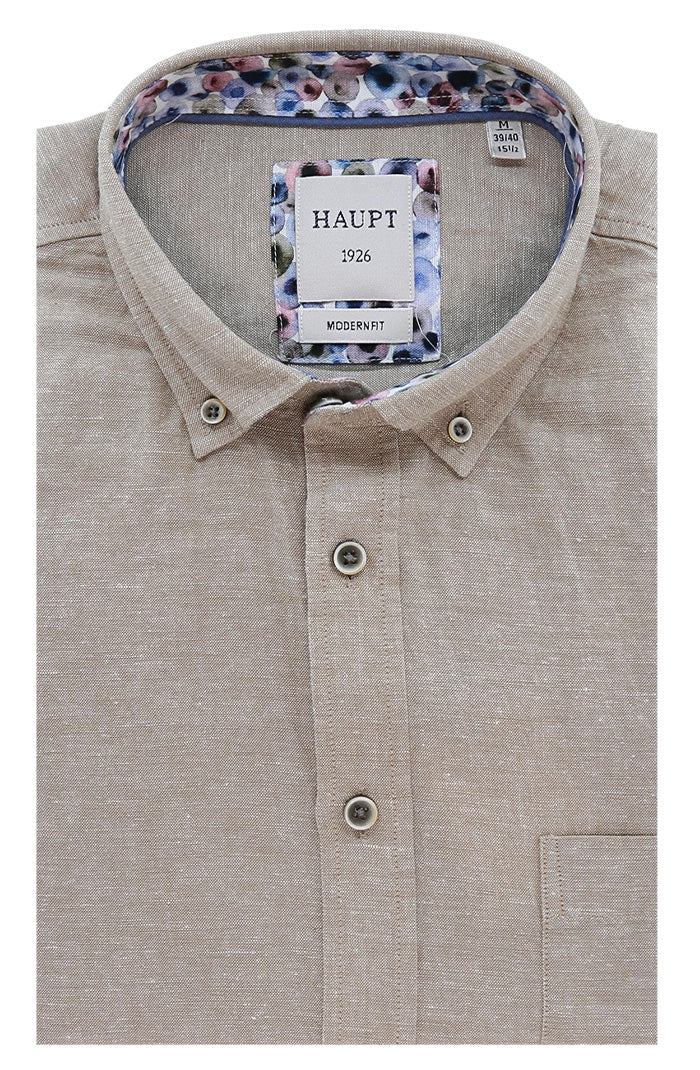 Haupt Men's Short Sleeve Shirt in Natural Hue with Floral Accent - Mondo Uomo