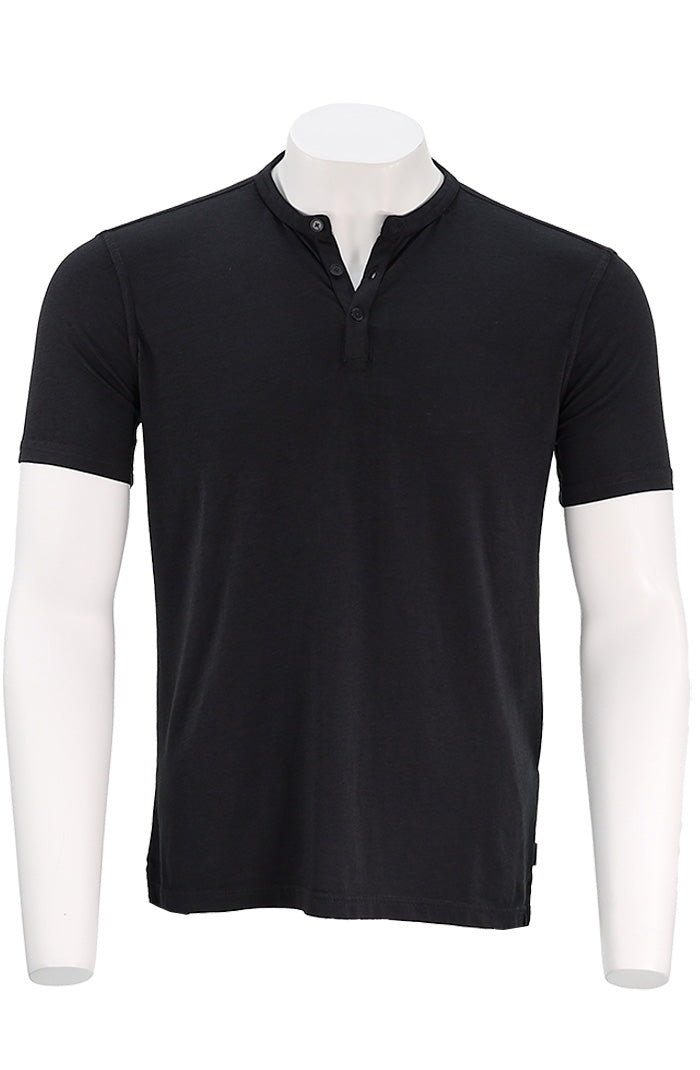 John Varvatos Duke Men’s Short Sleeve Henley in Black Cotton Blend - Mondo Uomo
