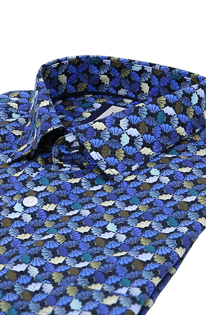 Haupt Men's Long Sleeve Shirt in Modern Fit With Shades of Blue, White, and Olive Green Close Up 9048-073