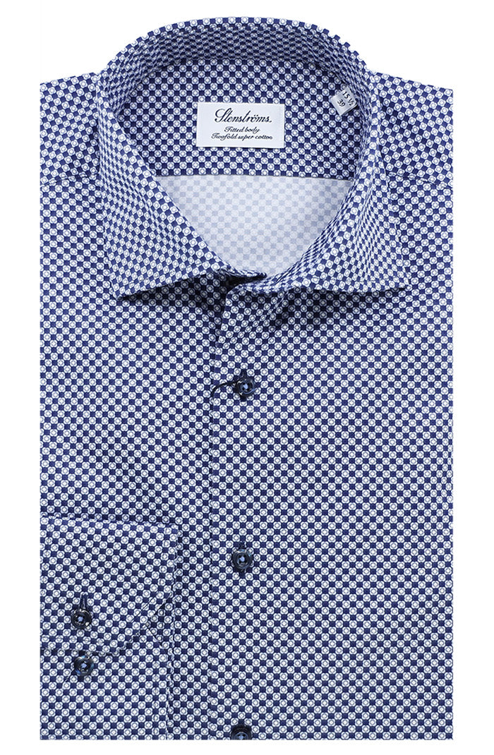 Stenstroms Men’s Blue Patterned Twill Shirt with Printed Design and Cutaway Collar – Mondo Uomo