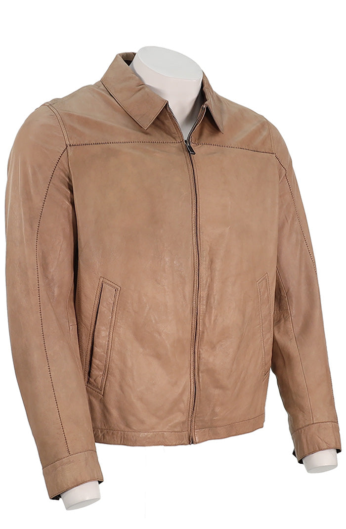 Marcello Sandstone Leather Jacket For Men In Sandstone Beige Angled View J104