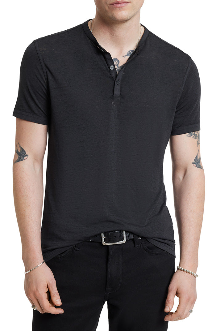 John Varvatos Duke Men’s Black Short Sleeve Henley Shirt On Model